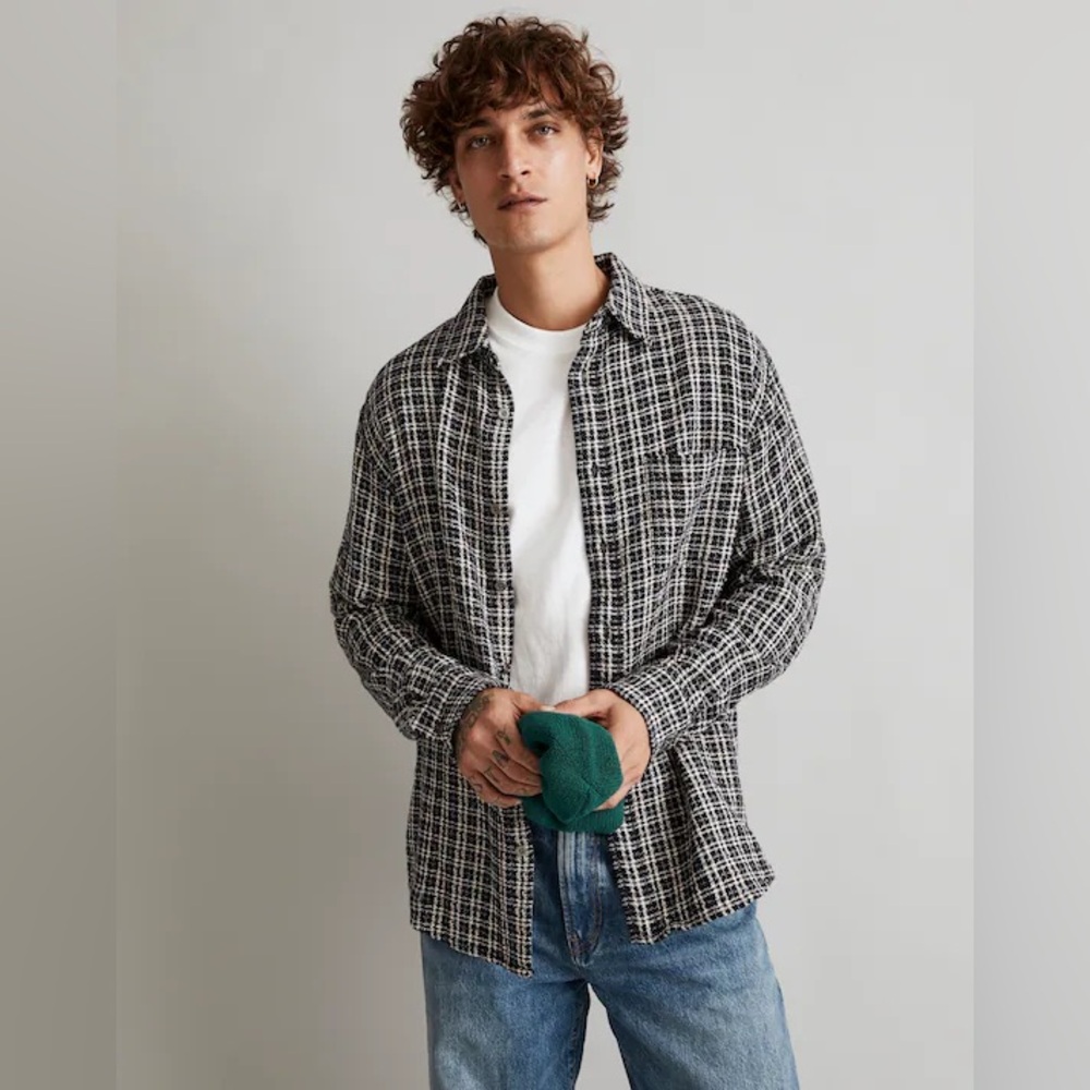 Corridor NYC Reverse Tweed Snow Check Textured Cotton Shirt Slim XXL True XL